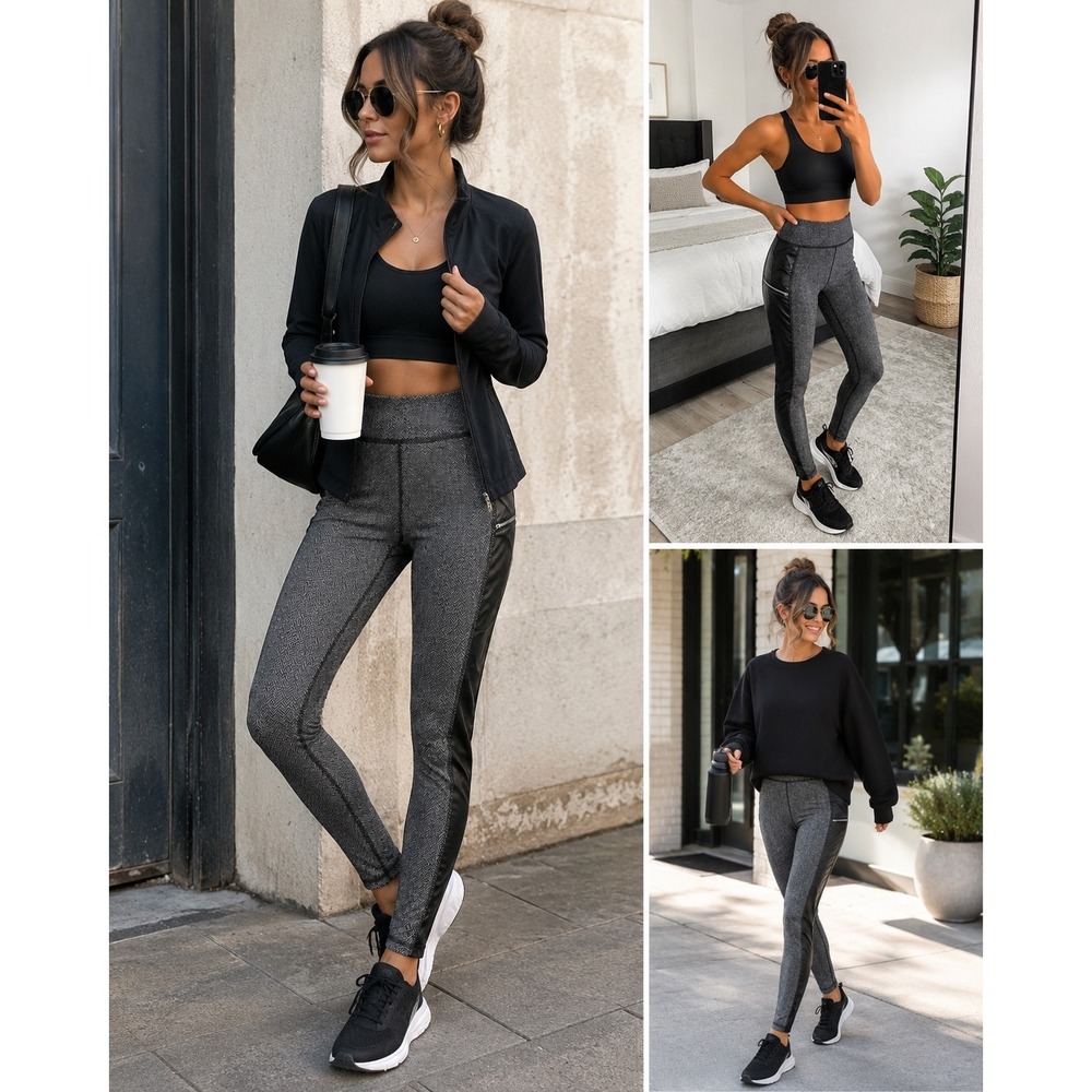 Xersion Street Leggings Womens M Black Herringbone Faux Leather Pocket Moto NWT